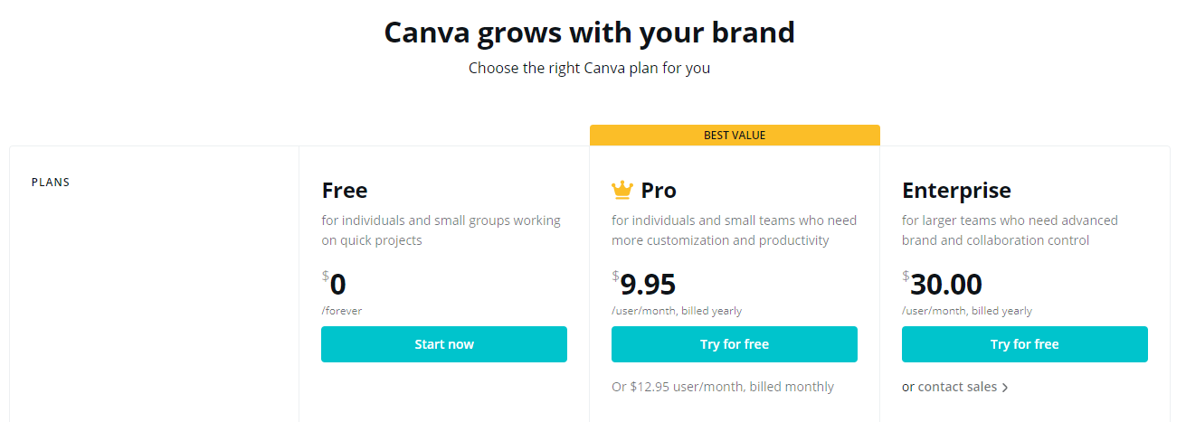 canva plan pricing screen shot