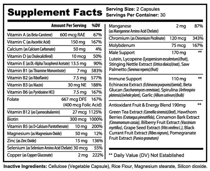 private label Men's Multi-Vitamin nutrition panel
