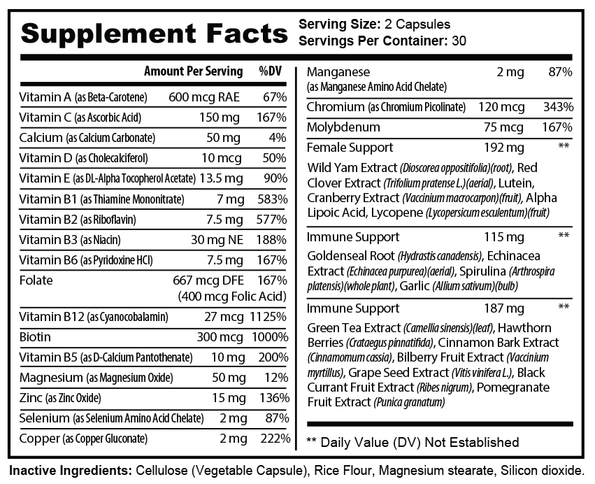 private label women's multivitamin supplement nutrition panel