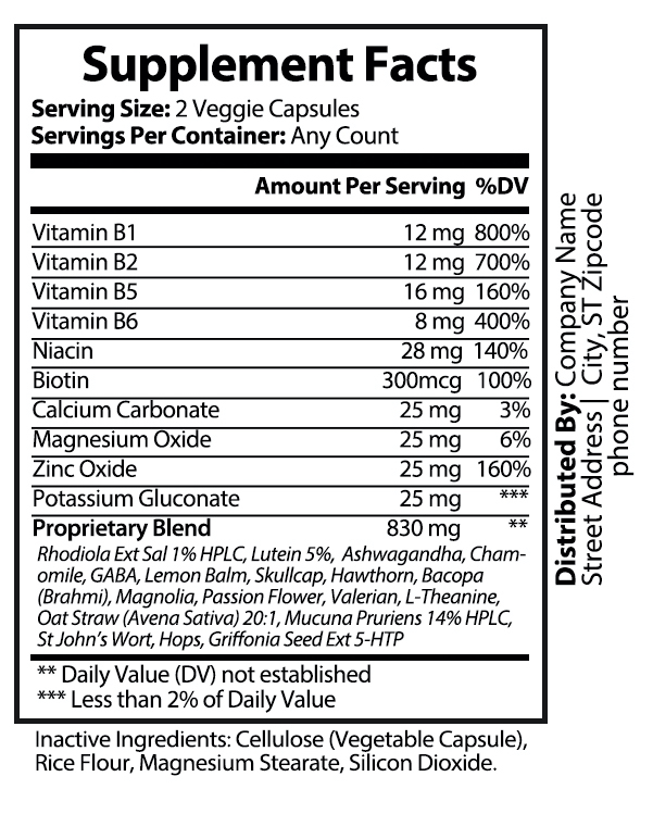 private label anti-anxiety vitamin supplement nutrition panel