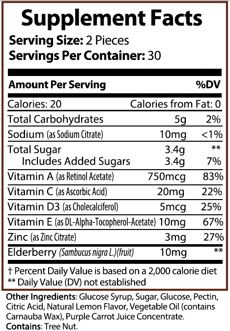 Elderberry immune vitamin gummies nutrition panel