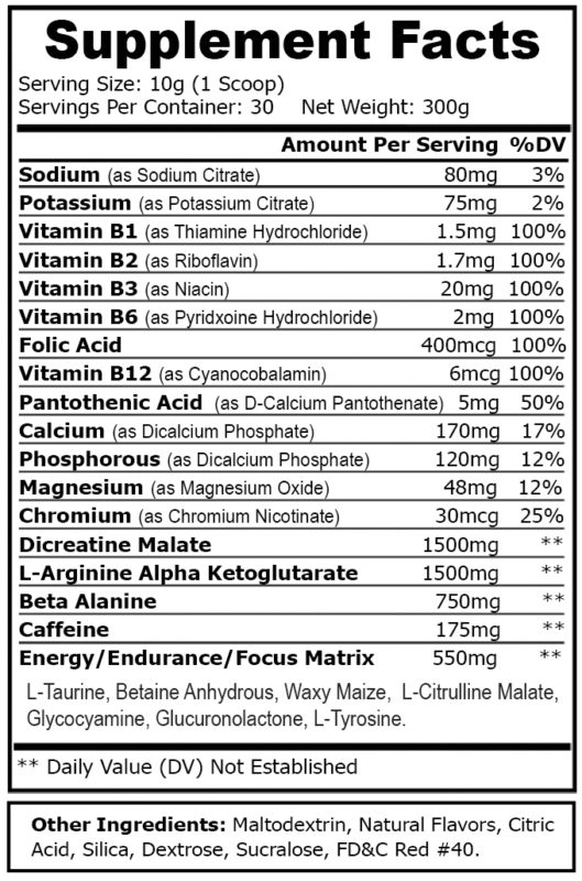 Private label nitric shock pre workout supplement nutrition panel