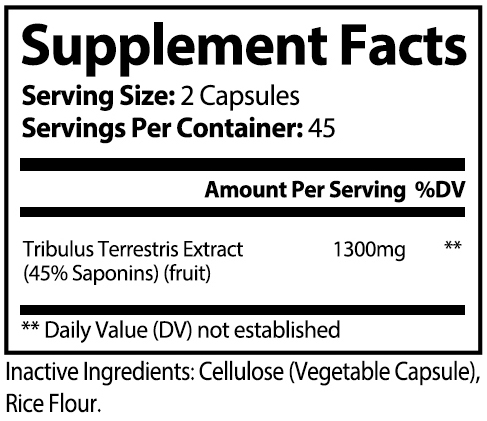 Private label Tribulus supplement nutrition panel